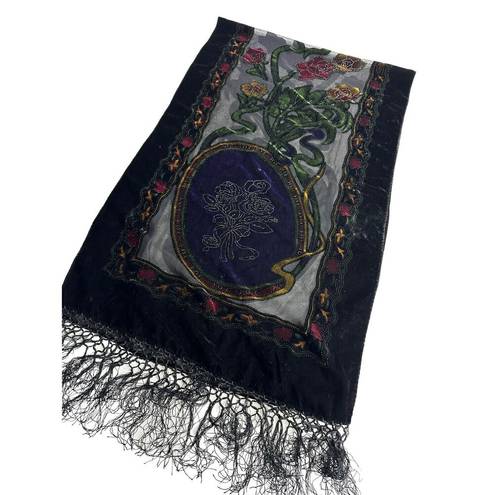 Black Velvet Floral Roses Silk Velour Sheer Table Runner Scarf Wrap