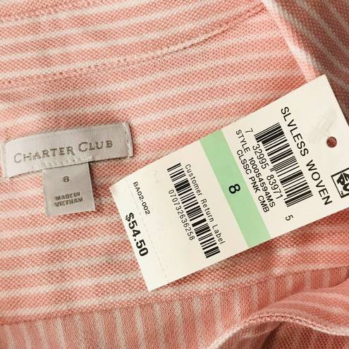 Charter Club  SZ 8 Top Striped Sleeveless Button Front Pink White Stretch Collar