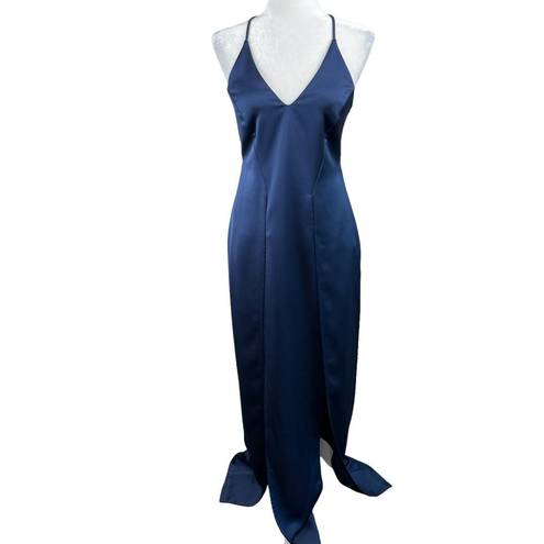 Halston Heritage  Navy Blue Satin Illusion-Back Slit Slip Gown Size 6 New