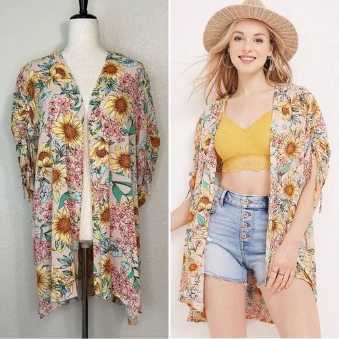 Maurice's  Floral Cinched Sleeves Open Front Kimono