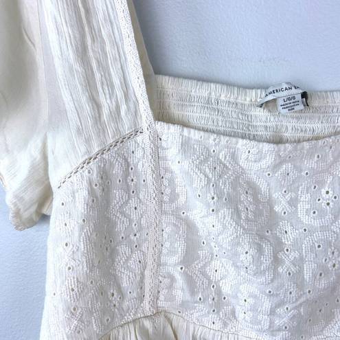 American Eagle Cropped Embroidered Babydoll Top in Cream Peplum Size Large