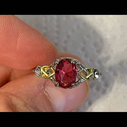 Ruby New Oval  CZ SilverTone & Gold Tone Ring Size 6 7/8