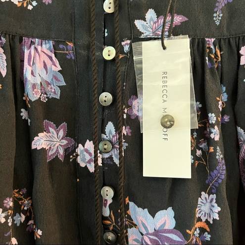 Rebecca Minkoff  Blouse Maggie Top Button Front & Neckties Sz L NWT Floral Black