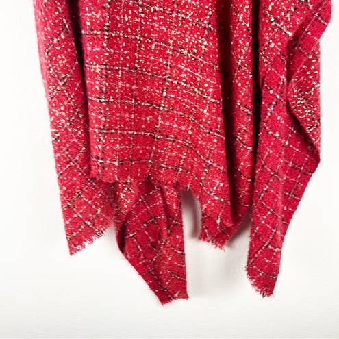 Chico's CHICO’S Red Checkered Plaid Metallic Tweed Fringe Trim Poncho Shawl, One Size
