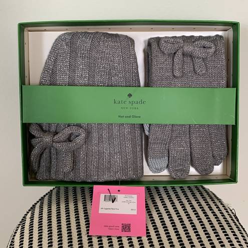 Kate Spade New!  Bow Beanie and Gloves Gift Set GREY