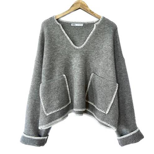 ZARA  Contrast Topstitching Crop Knit Sweater in Gray Size XL