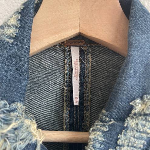 Free People Moody Blue Combo Distressed Denim Crochet Knit Macrame Cargo Vest