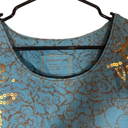 Coldwater Creek  Teal & Gold Sequin Short Sleeve Scoop Neck Blouse Women Sz XL