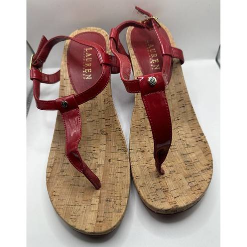 Ralph Lauren LAUREN  Rosalia Red T-Strap Wedge Cork Shoes Women's Size 9B