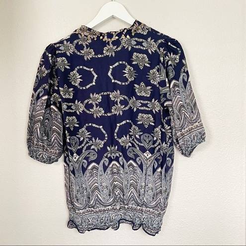 Angie  Puff Sleeve Smocked Popover Top Womens Size S Embellished Boho‎ Multicolor