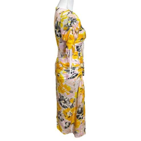 Alice McCALL  Soiree Dress Yellow Saffron Floral Ruched Midi Asymmetrical Size XS