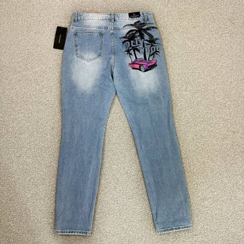 American Bazi  Distressed Boyfriend Jeans Hollywood Graffiti Blue Large