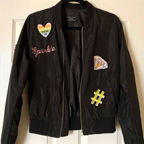 Love Tree Retro Lightweight Black Windbreaker Bomber Jacket with Colorful Patches