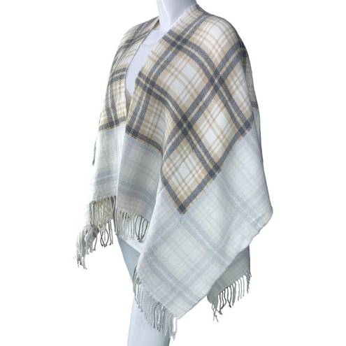 J.Jill  Womens One Size Poncho Sweater Wrap Plaid Acrylic Fringe Neutral Soft