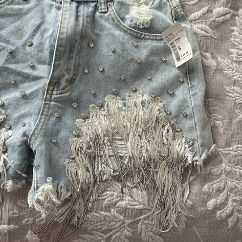 Sequin And Rhinestone Jean Shorts Silver