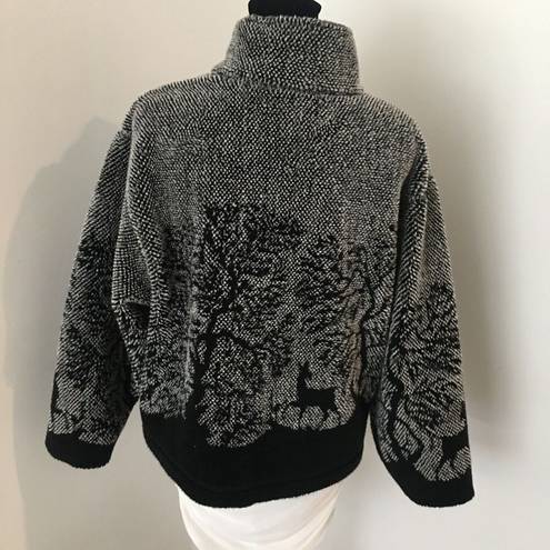 PBJ SPORT Vintage 90’s Black Gray Plush Zip Up Fleece Jacket Alpine Trees SMALL