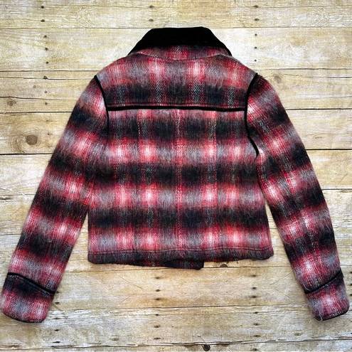 Free People  Red Wooly Officer Plaid Wool Blend Jacket