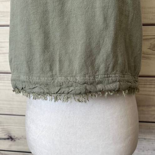 Thread and Supply  Linen Sage Green Frayed Hem Button Crop Top