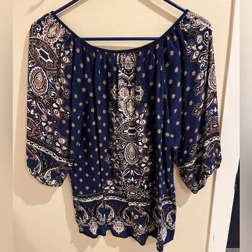 Angie  Size Large Navy Blue 3/4 sleeve Paisley 100% Rayon Blouse