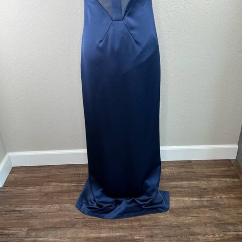 Halston Heritage  Navy Blue Satin Illusion-Back Slit Slip Gown Size 6 New