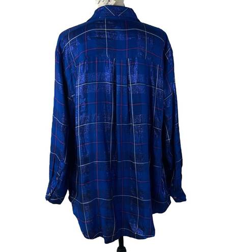 Style & Co  2X-Large Button-Up Top Plaid Metallic Accent Pocket Long Sleeve Blue