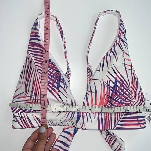 Raisin's NWT  Palm Leaf Print Triangle Bikini Top Strappy Tie Back White Pink Med.