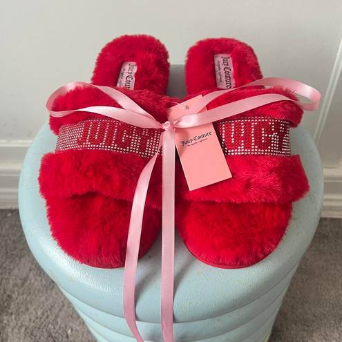 Juicy Couture fur slippers red silver rhinestone brand new y2k