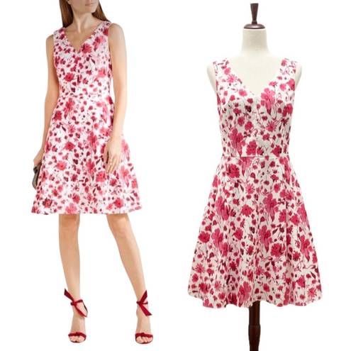 Oscar de la Renta  Pink & White Floral Stretch Cotton A-Line Dress Women’s Size 6