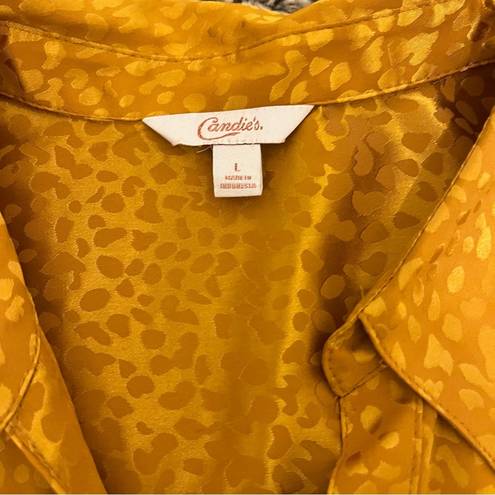 Candie's  Button Up Chiffon Yellow Gold Leopard Blouse Size Large