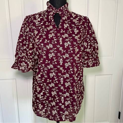 Ann Taylor  NWT Women's Small Maroon Floral Embroidered Blouse Puff Sleeve Ruffle