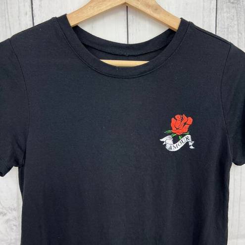 Modern Lux  MEDIUM Black Burnout Amour Rose Fitted Short Sleeve Tee Shirt T-Shirt