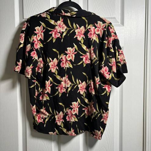 Krush VTG  Black Pink Floral Hawaii Top Buttons Crinkle Rayon Notched Collar Sz M