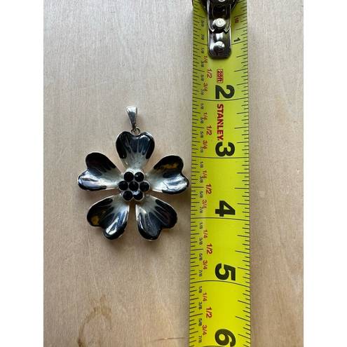 Petal Five  Dark Navy Blue Flower Necklace Pendant with Black Pistil Rhinestones