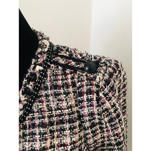 White House | Black Market  WHBM Black Pink Tweed Blazer Jacket Chain Fringe Trim 4