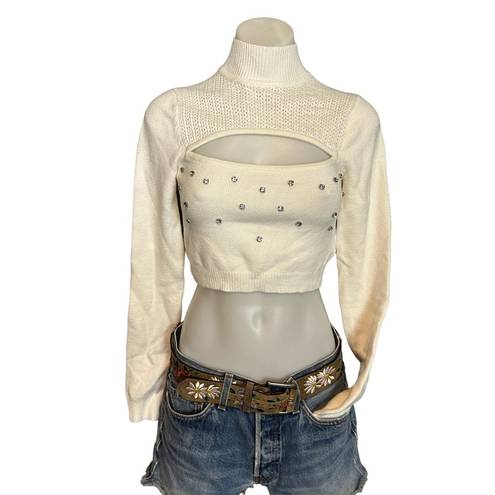 Lovers + Friends  Maddy Cutout Embellish Crop Sweater SMALL White Rhinestone NEW