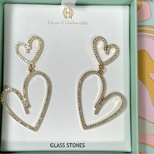 House of Harlow NIB  1960 Gold Tone Double Heart Glass Stones Dangle Earrings $99