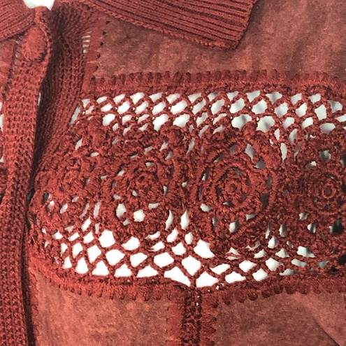 J.Jill  Rustic Red Crochet Wool Leather Patchwork Long Cardigan Sweater Jacket