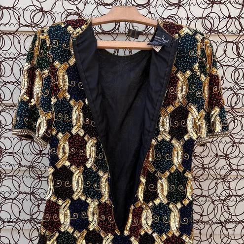 Laurence Kazar Vintage  art deco bead sequin silk blouse gold chain pattern