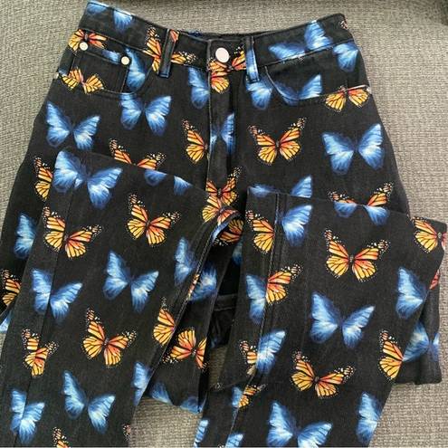 Missguided  Butterfly Jeans!  Black Denim with Orange & Blue Pattern.  Waist 26