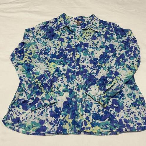 White Stag  Watercolor Long Sleeve Button Up Blouse Top Sz XL 16-18 Blue White