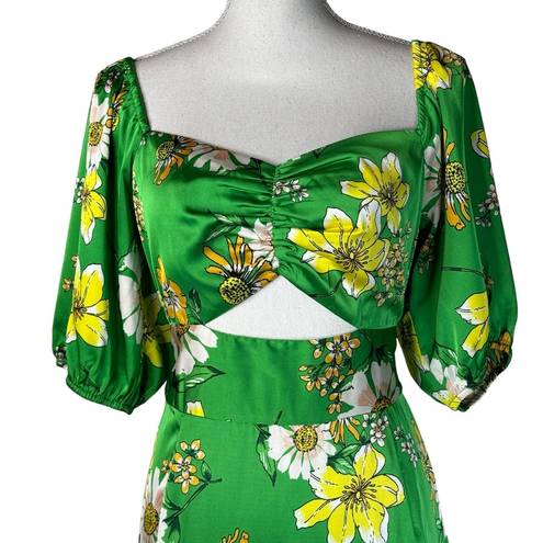 Collective Concepts  Floral Puff Sleeve Cutout Midi Dress Green Yellow L