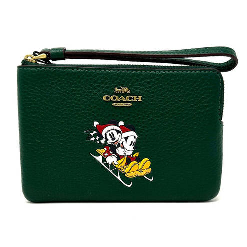 Coach Disney X  Corner Zip Wristlet With Sled Motif Dark Pine Green CN025