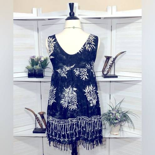 The Moon Pineapple hippie boho white navy blue floral fringes lightweight dress L