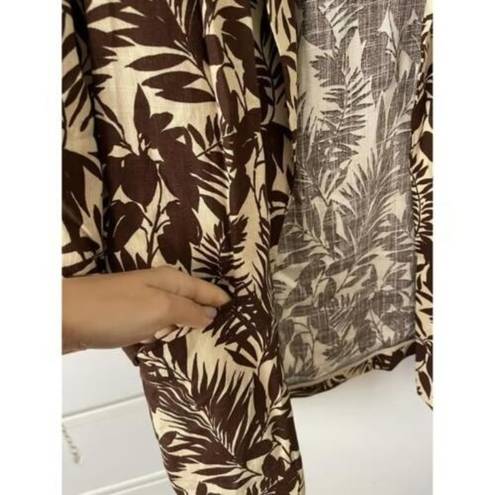 Mango  Women Notch Collar Long Sleeves Tropic Print Linen Blazer, Beige Brown XS