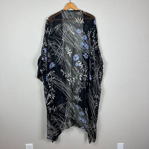 Ulla Popken‎ Kimono Duster Womens 32/34 Black Floral Colorful Sheer 3/4 Sleeve