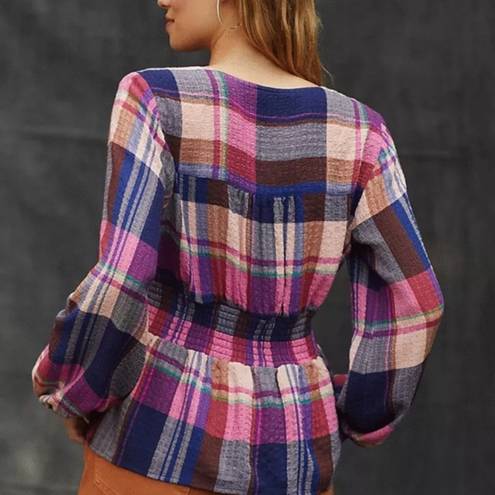 Pilcro  V-neck Plaid Smocked Peasant Top Sz Medium