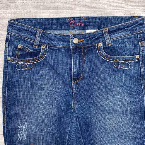 Cache cotton blend lightly distressed flare leg jeans w/embroidery blue sz 6