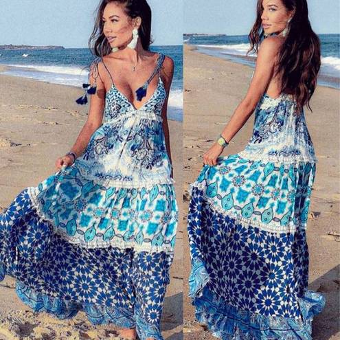 Rococo  Sand Oriental Labyrinth Printed Sleeveless Tassel Lace Tiered Maxi Dress