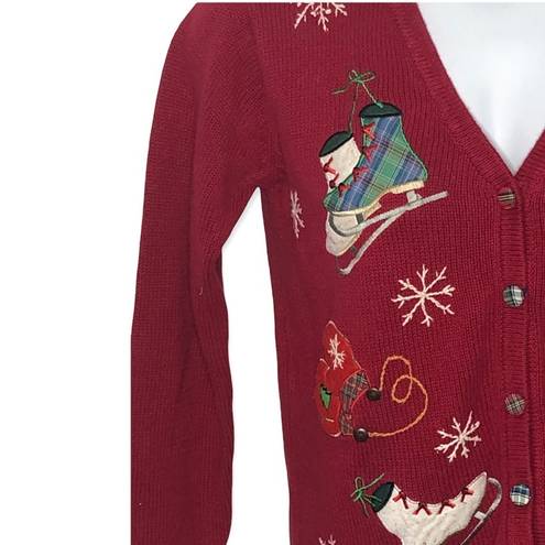 Basic Editions  Vintage Holiday Ice Skate Print Christmas Sweater Cardigan Small