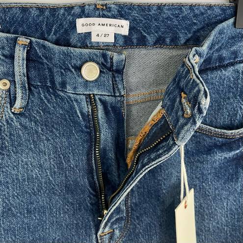 Good American New  Slim Straight High Rise Raw Hem Ankle Jeans Blue Size 4 / 27